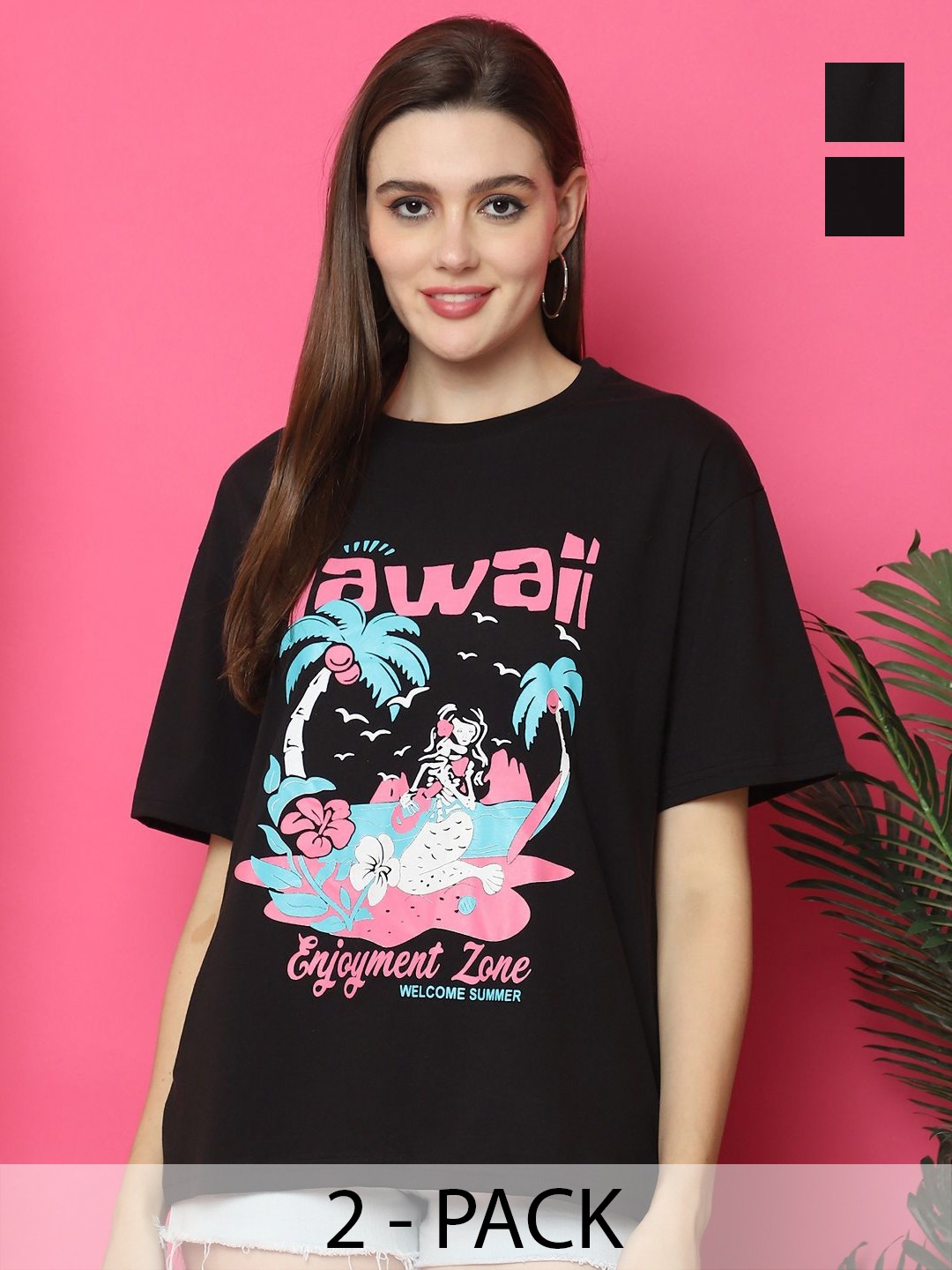 

GLOBAL NOMAD Women Pack Of 2 Graphic Printed Round Neck Cotton Oversized T-shirts, Black