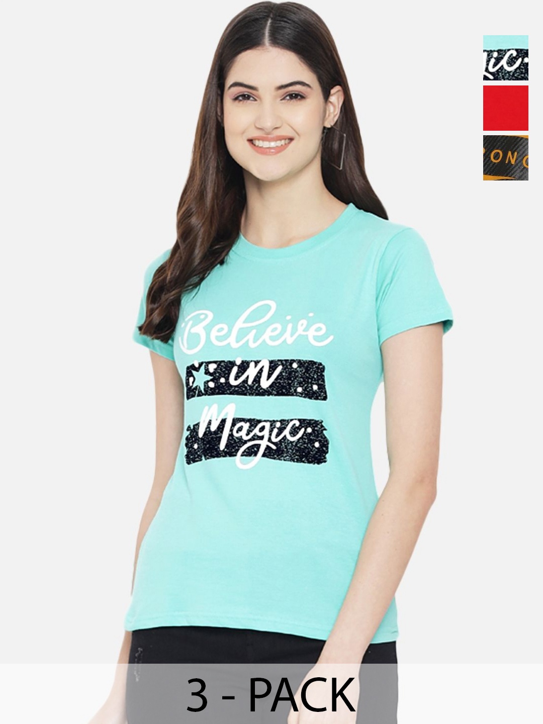 

Dreambe Women Pack of 3 Typography Printed Round Neck Cotton T-shirts, Turquoise blue