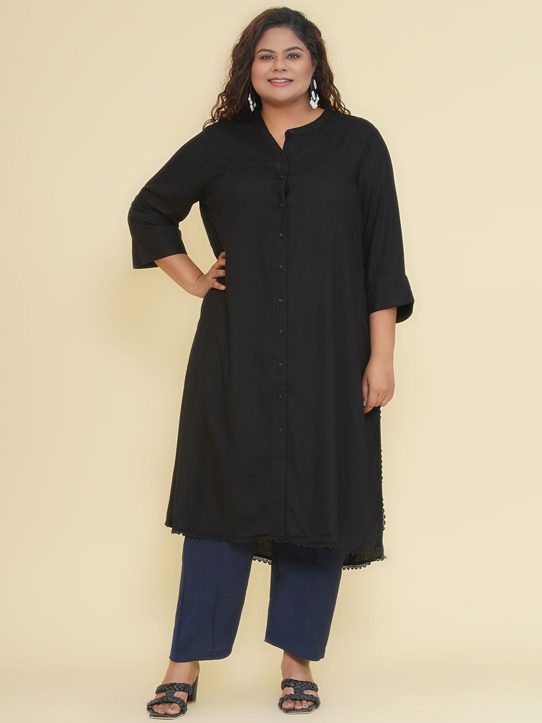 

Kiaahvi by JOHN PRIDE Plus Size Band Collar Straight Kurta, Black