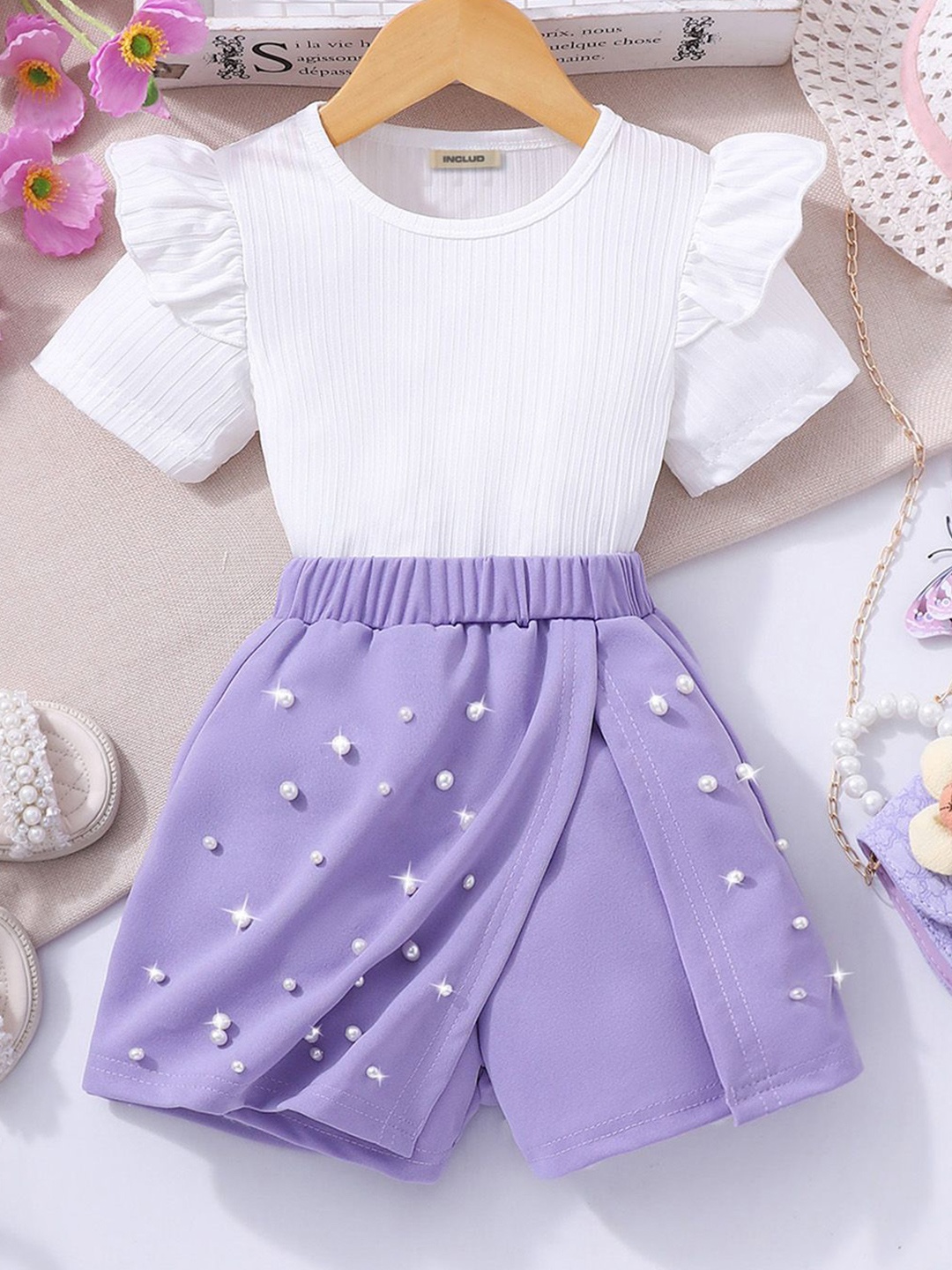 

INCLUD Girls Round Neck Top With Shorts, Purple