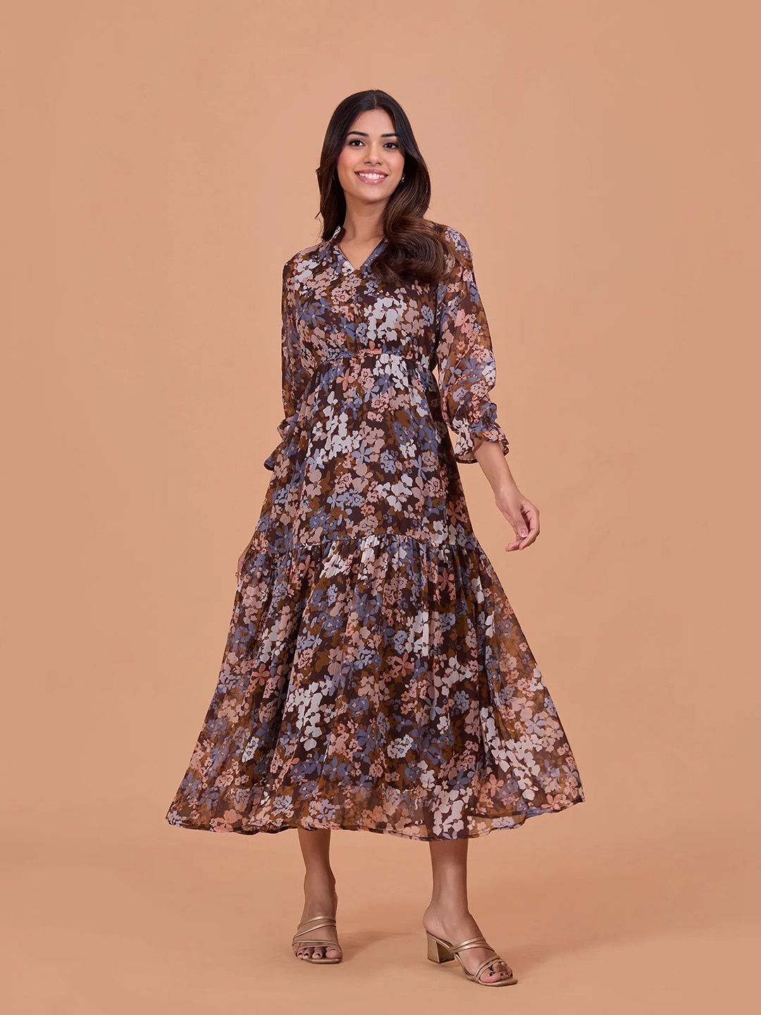 

all about you Floral Print Chiffon Fit & Flare Maxi Dress, Brown