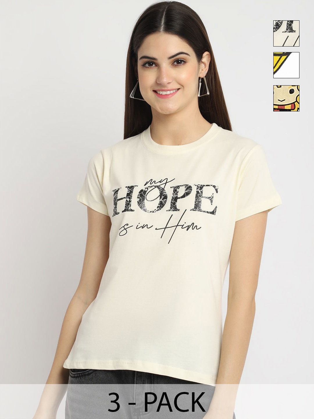 

Dreambe Pack of 3 Typography Printed Cotton Round Neck T-shirts, Cream