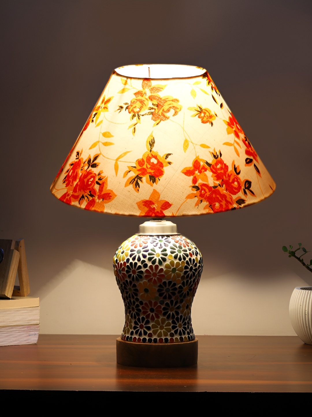 

Devansh White Printed Frustum Shaped Wooden Table Lamp