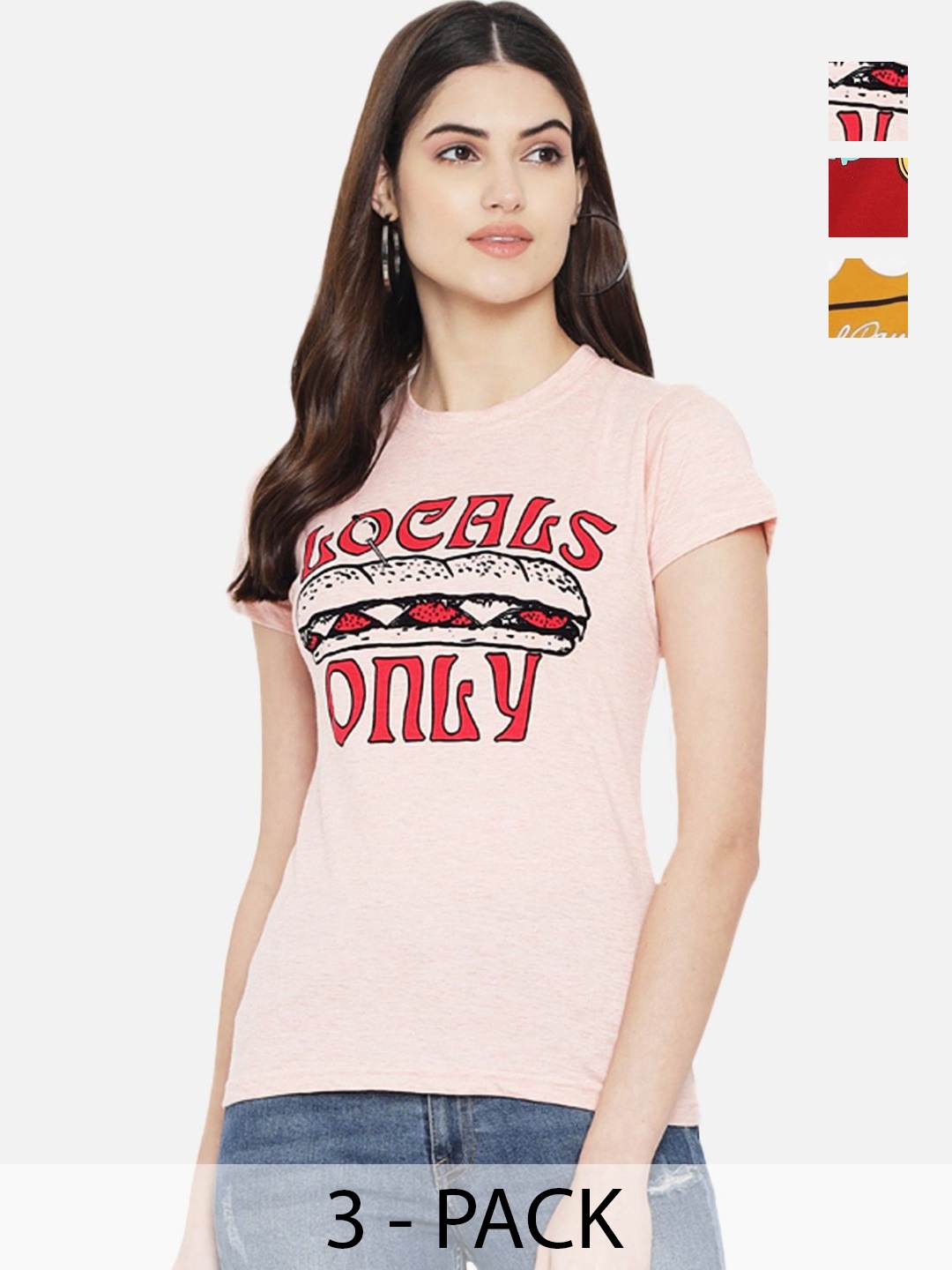 

Dreambe Women Pack of 3 Graphic Printed Round Neck Cotton T-shirts, Peach