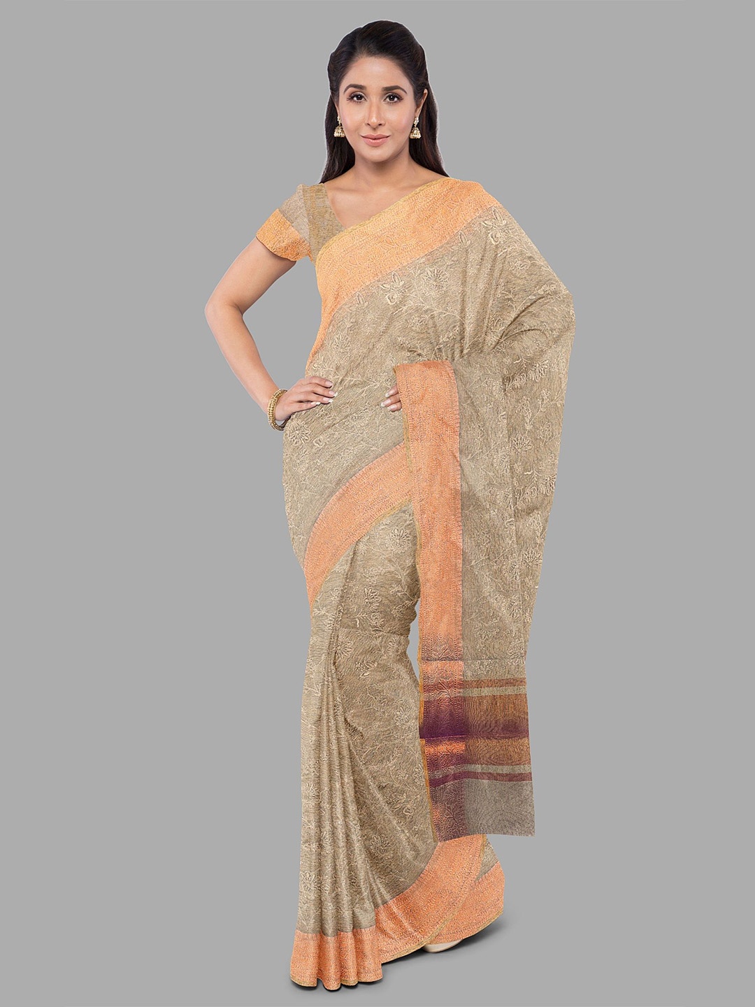 

The Chennai Silks Ethnic Motifs Embroidered Tissue Banarasi Saree, Copper