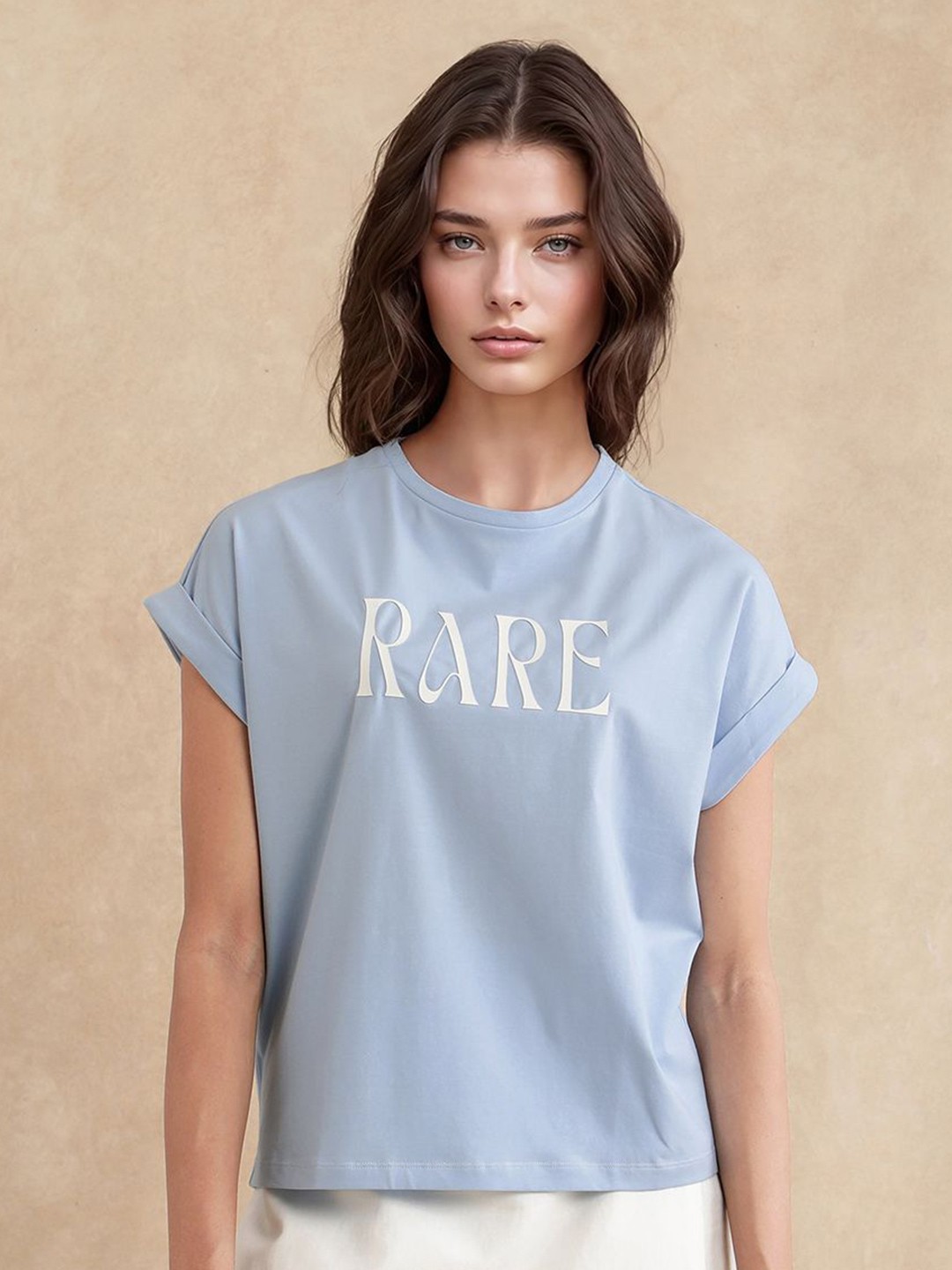 

RAREISM Women Typography Printed Round Neck Cotton Relaxed Fit T-shirt, Blue