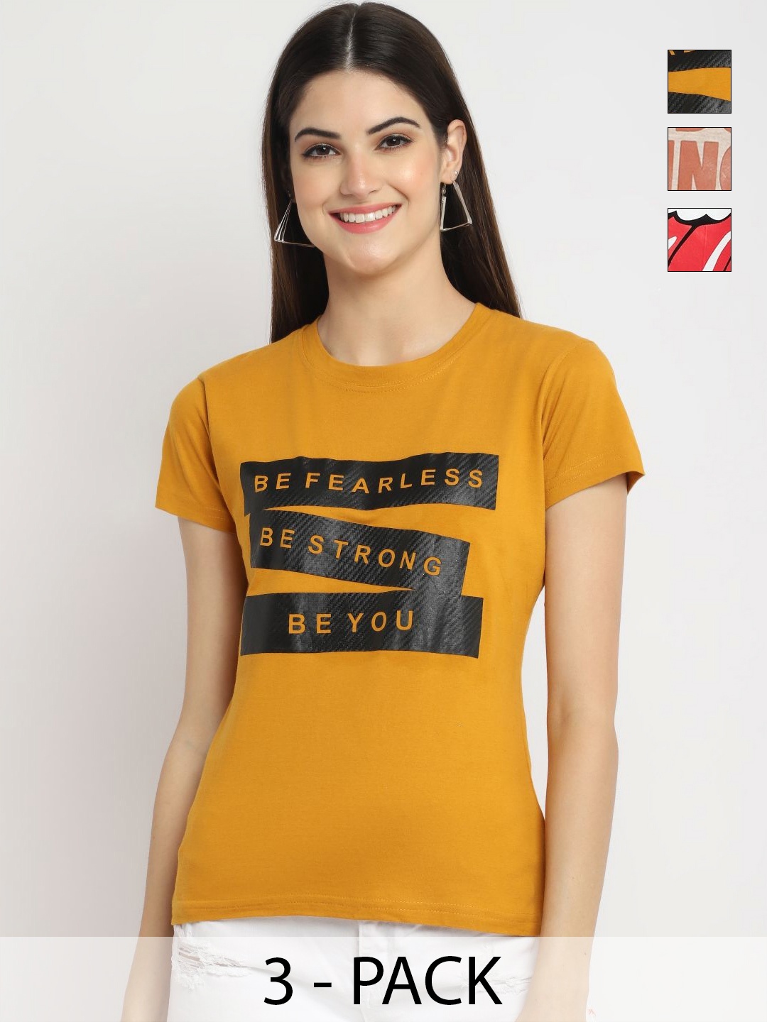 

Dreambe Pack of 3 Typography Printed Cotton Round Neck T-shirts, Yellow