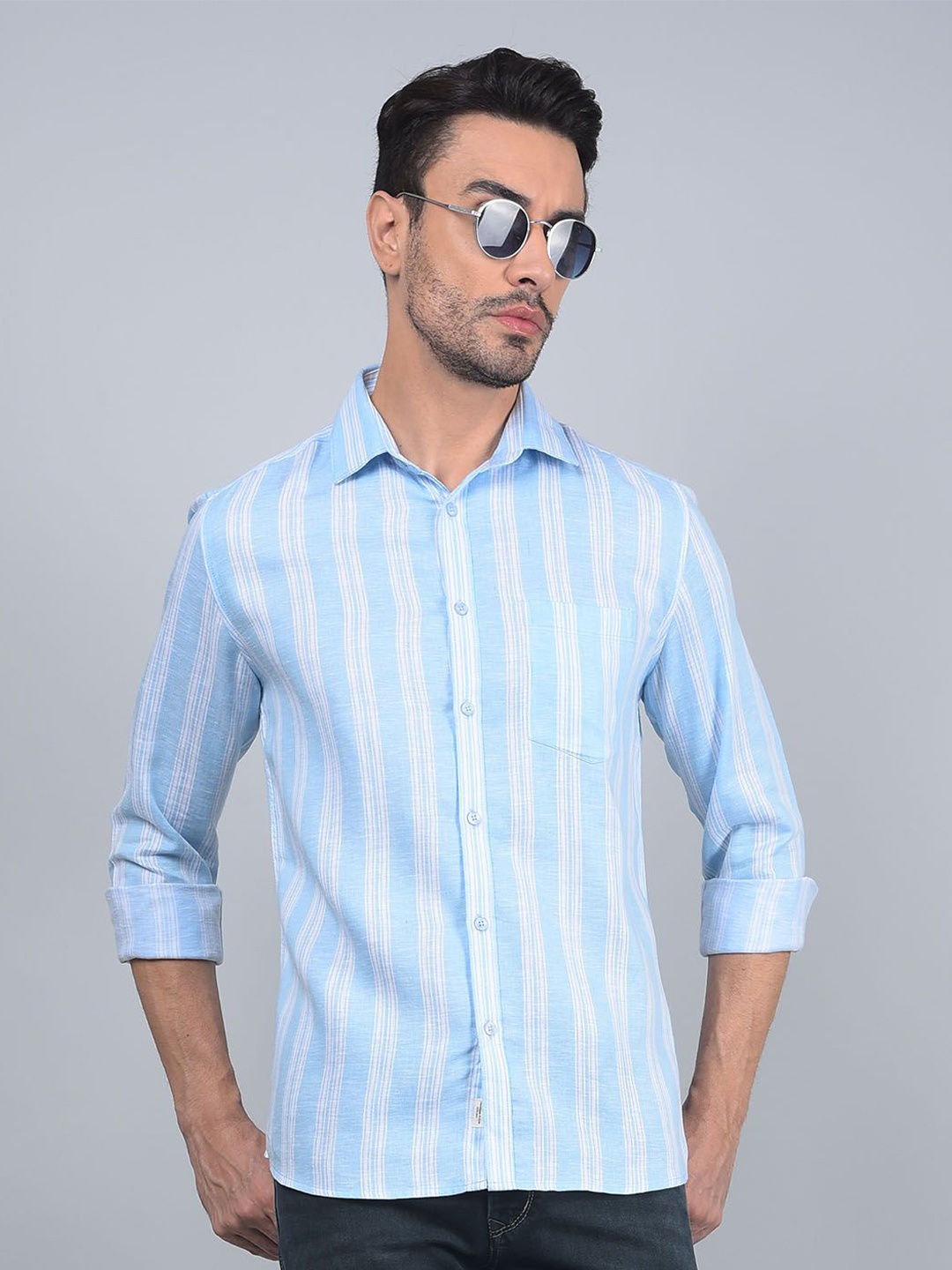 

Crimsoune Club Men Classic Slim Fit Vertical Striped Cotton Casual Shirt, Blue