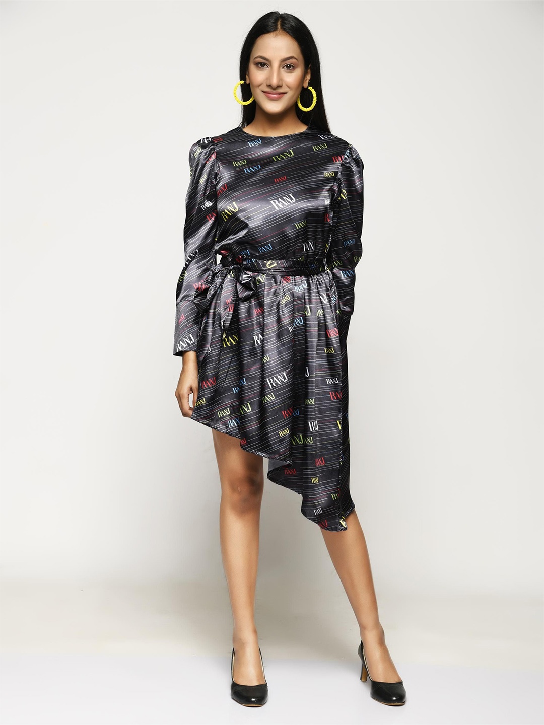 

RANJ Women long Lego Mutton Cuff Sleeves A Tie Up Waist Asymmetrical Hem Dress, Black