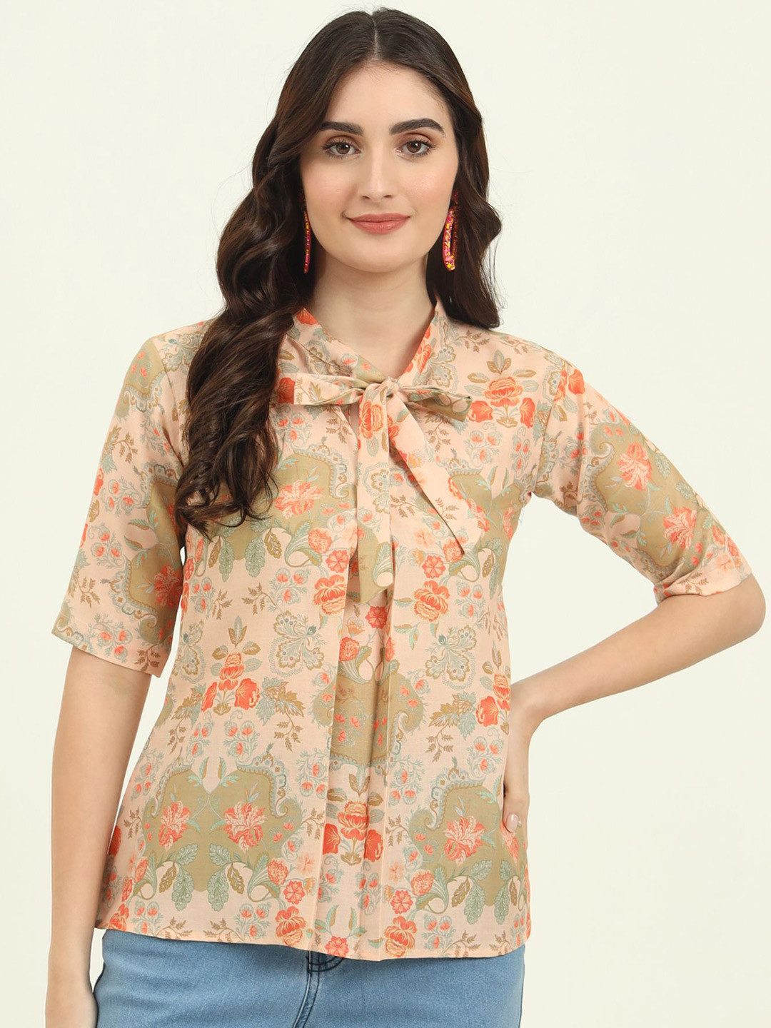 

REVOSAA Print Tie-Up Neck Ethnic Top, Green