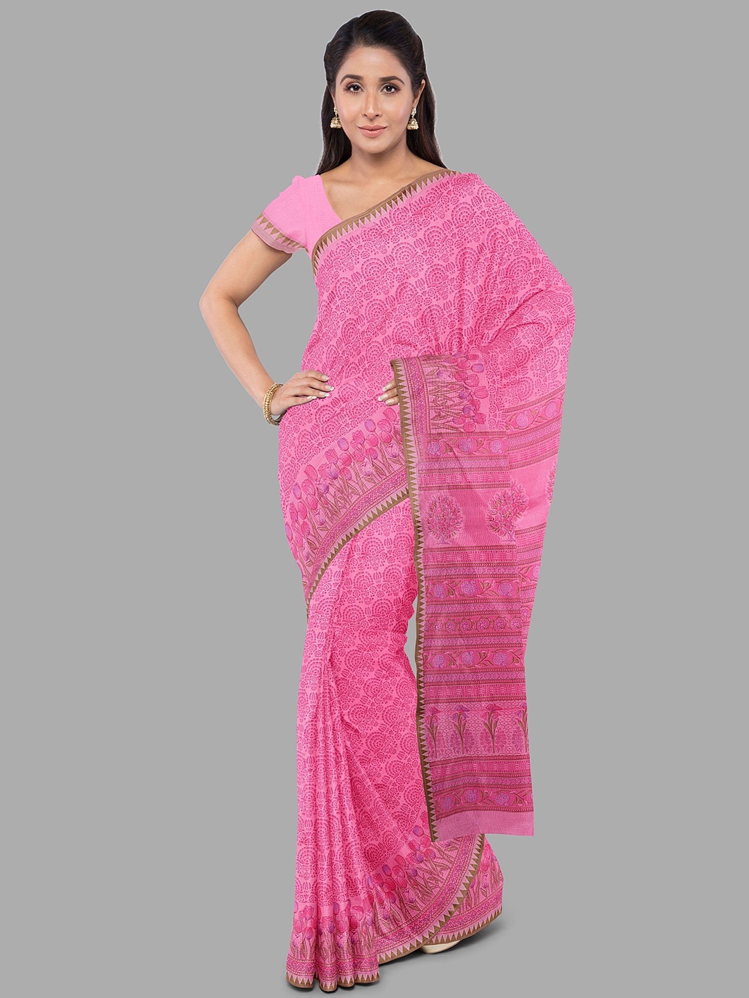 

The Chennai Silks Floral Pure Cotton Chanderi Saree, Pink