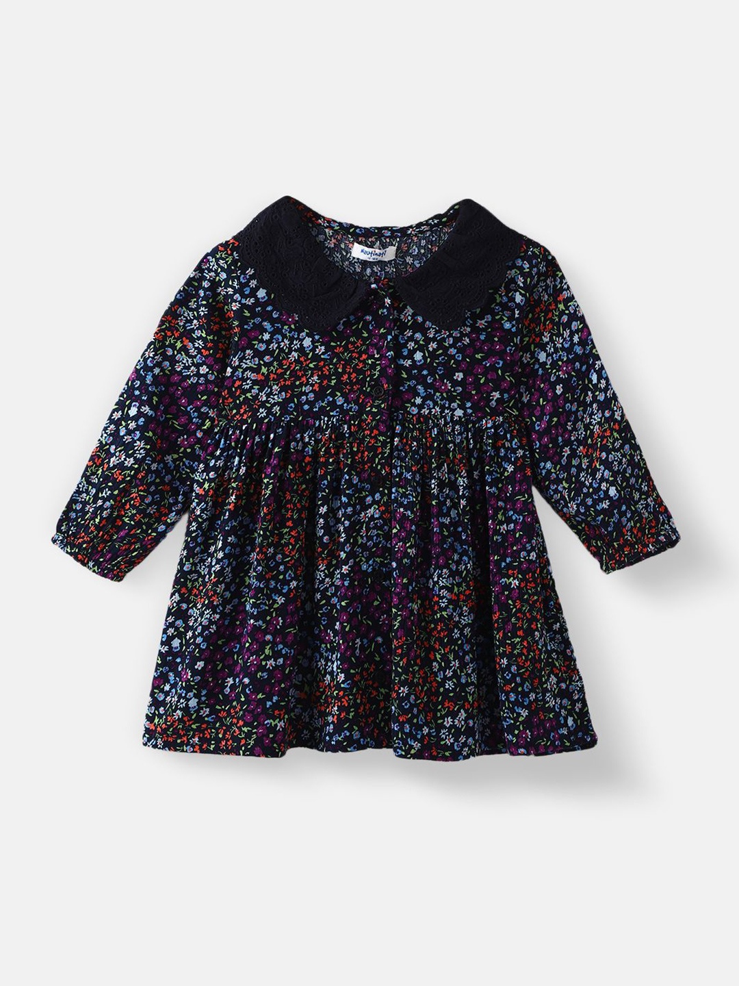 

Nauti Nati Girls' Floral Printed Schiffli Collar Fit-Flare Dress, Navy blue