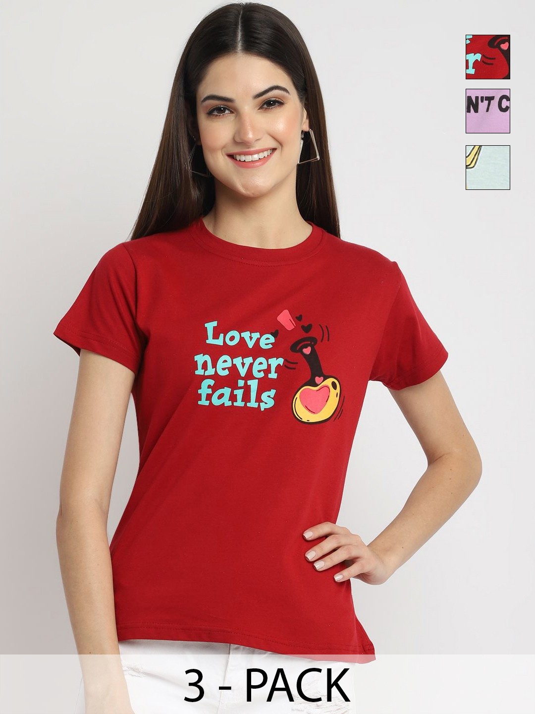 

Dreambe Women Pack of 3 Graphic Printed Round Neck Cotton T-shirts, Red