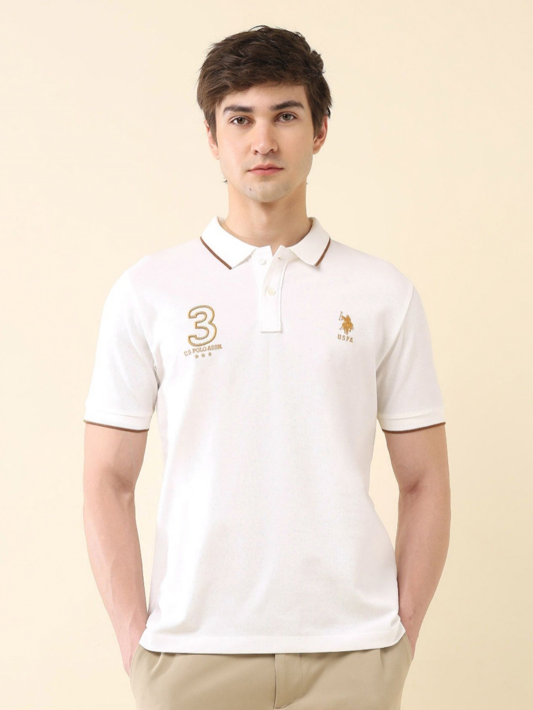 

U.S. Polo Assn. Men Typography Printed Polo Collar Cotton Slim Fit T-shirt, White