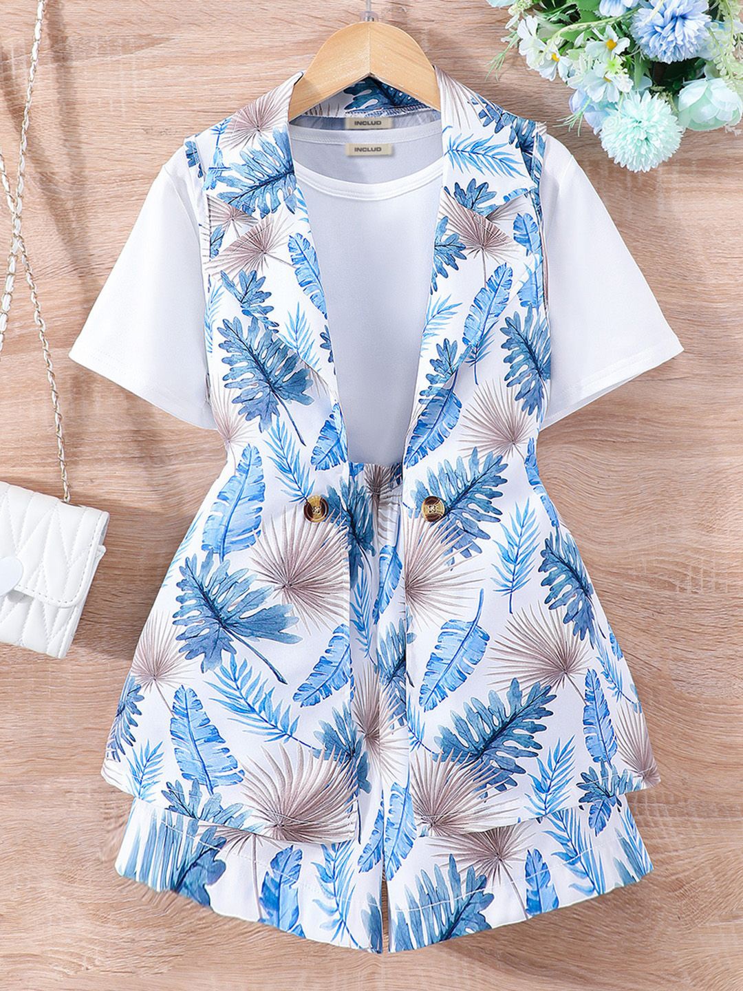 

INCLUD Girls Tropical Printed Lapel Collar Waistcoat & T-shirt With Shorts, Blue