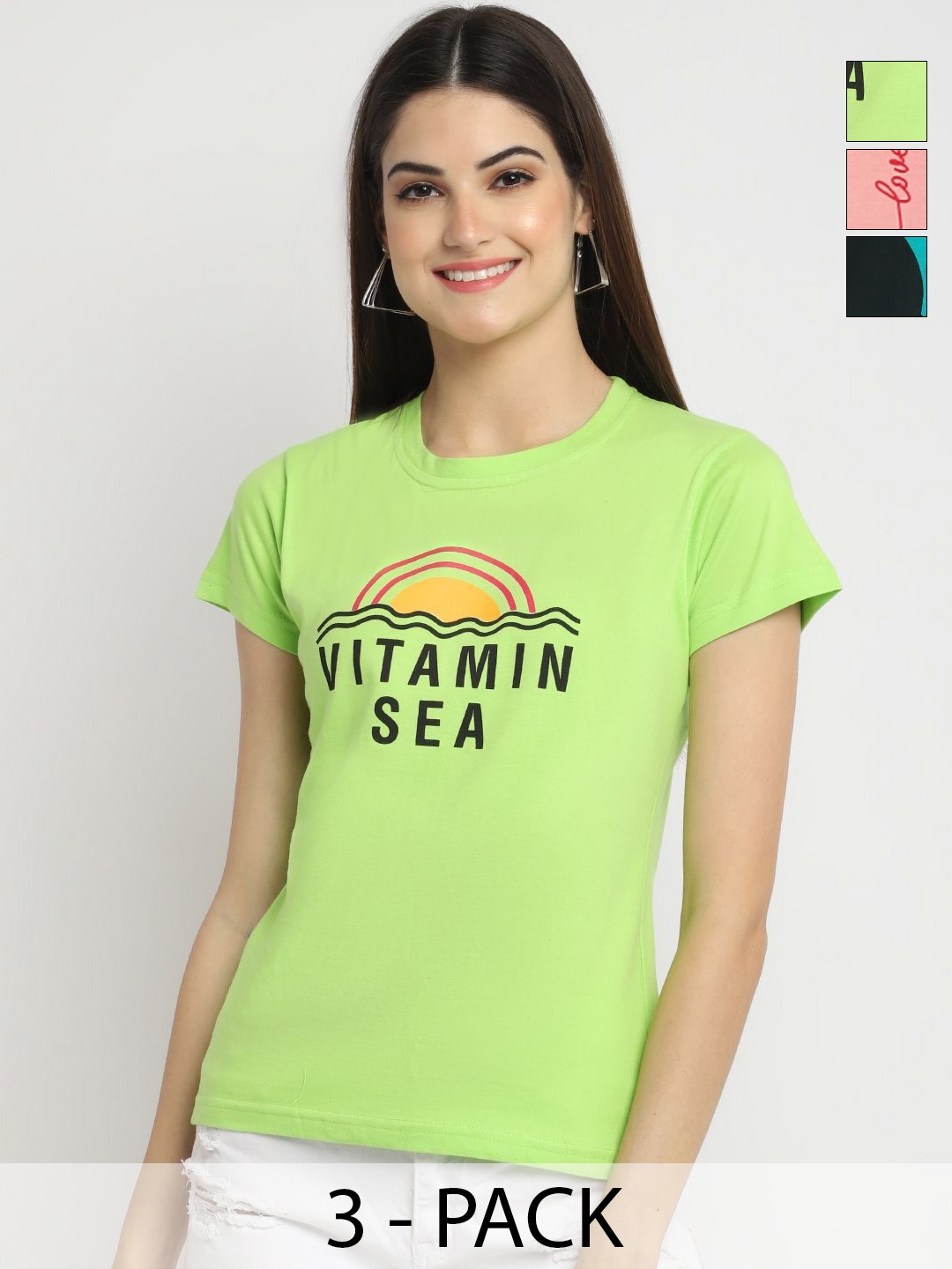 

Dreambe Women Pack of 3 Typography Printed Round Neck Cotton T-shirts, Green