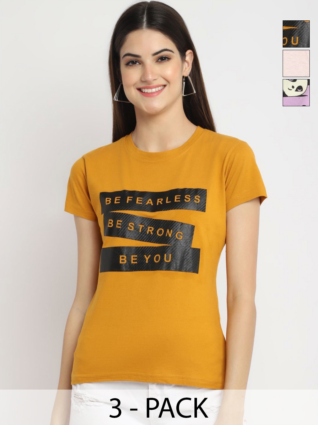 

Dreambe Women Pack of 3 Typography Printed Round Neck Cotton T-shirts, Mustard
