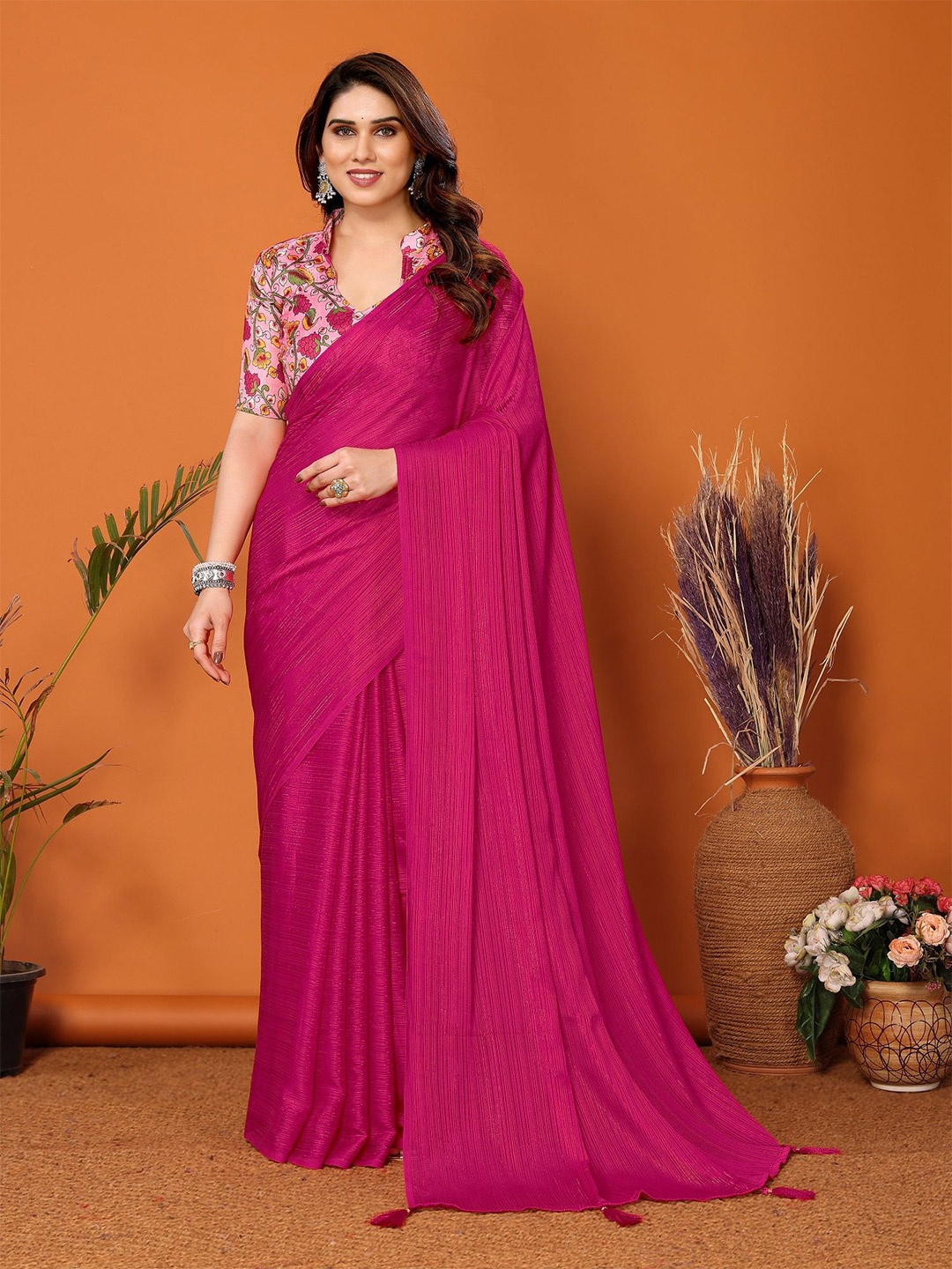 

ROOP SUNDARI SAREES Woven Design Striped Saree With Blouse Piece, Pink
