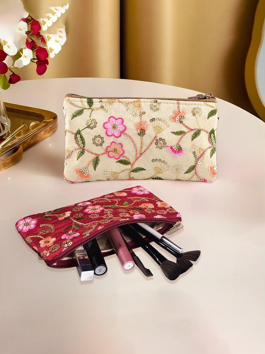 

Kuber Industries 2 Pcs Traditional Ladies Hand Purse with Zip Embroidered Purse Clutch, Cream