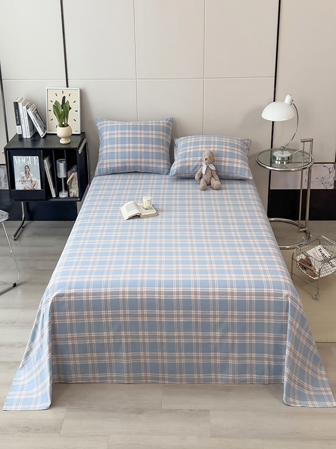 

JC HOME Blue & Grey Checked Pure Cotton 220 TC Single Bedsheet Set 1.60 m x 2.30 m