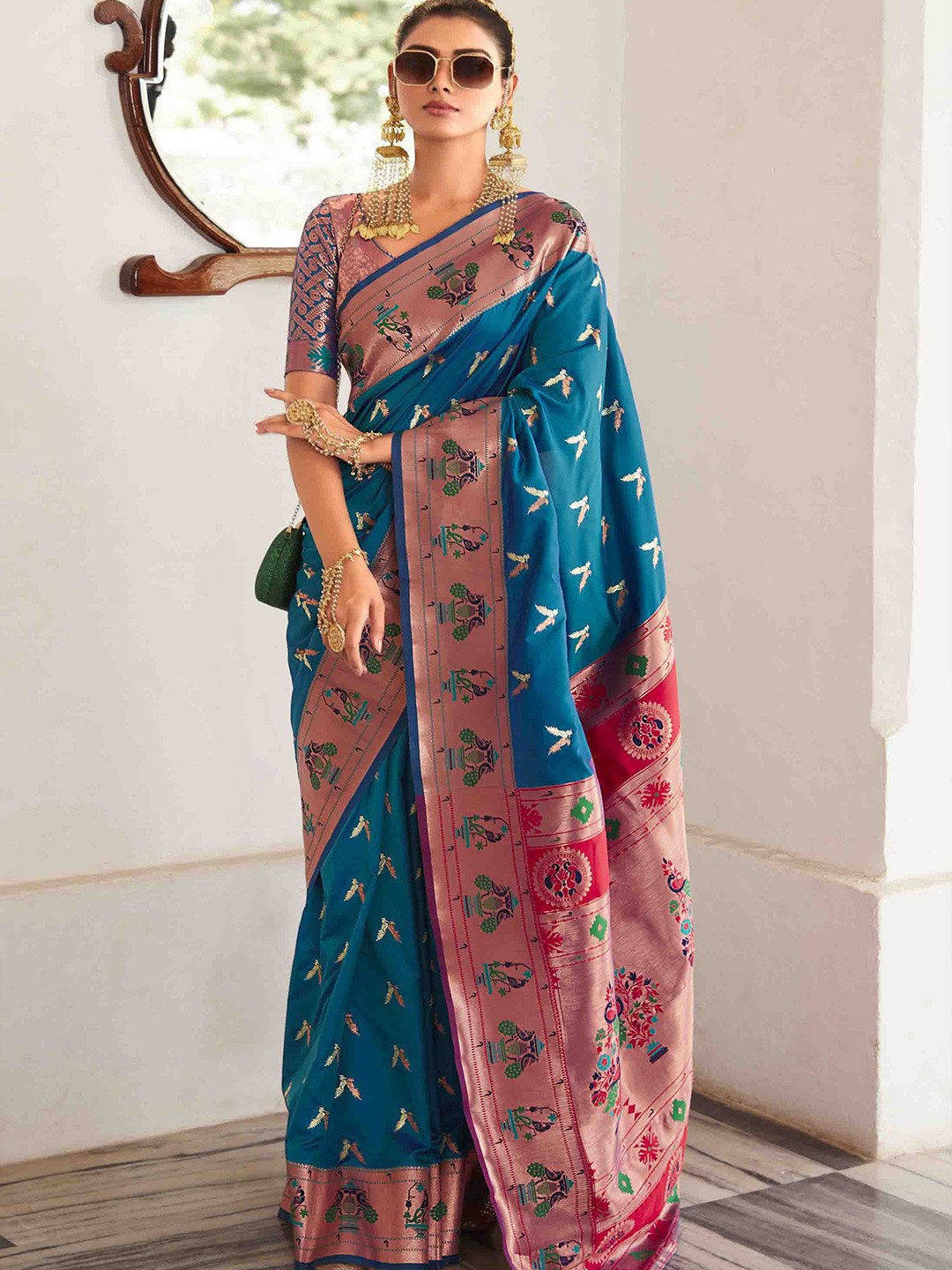 

KIMISHA Woven Design Zari Pure Georgette Paithani Saree, Blue