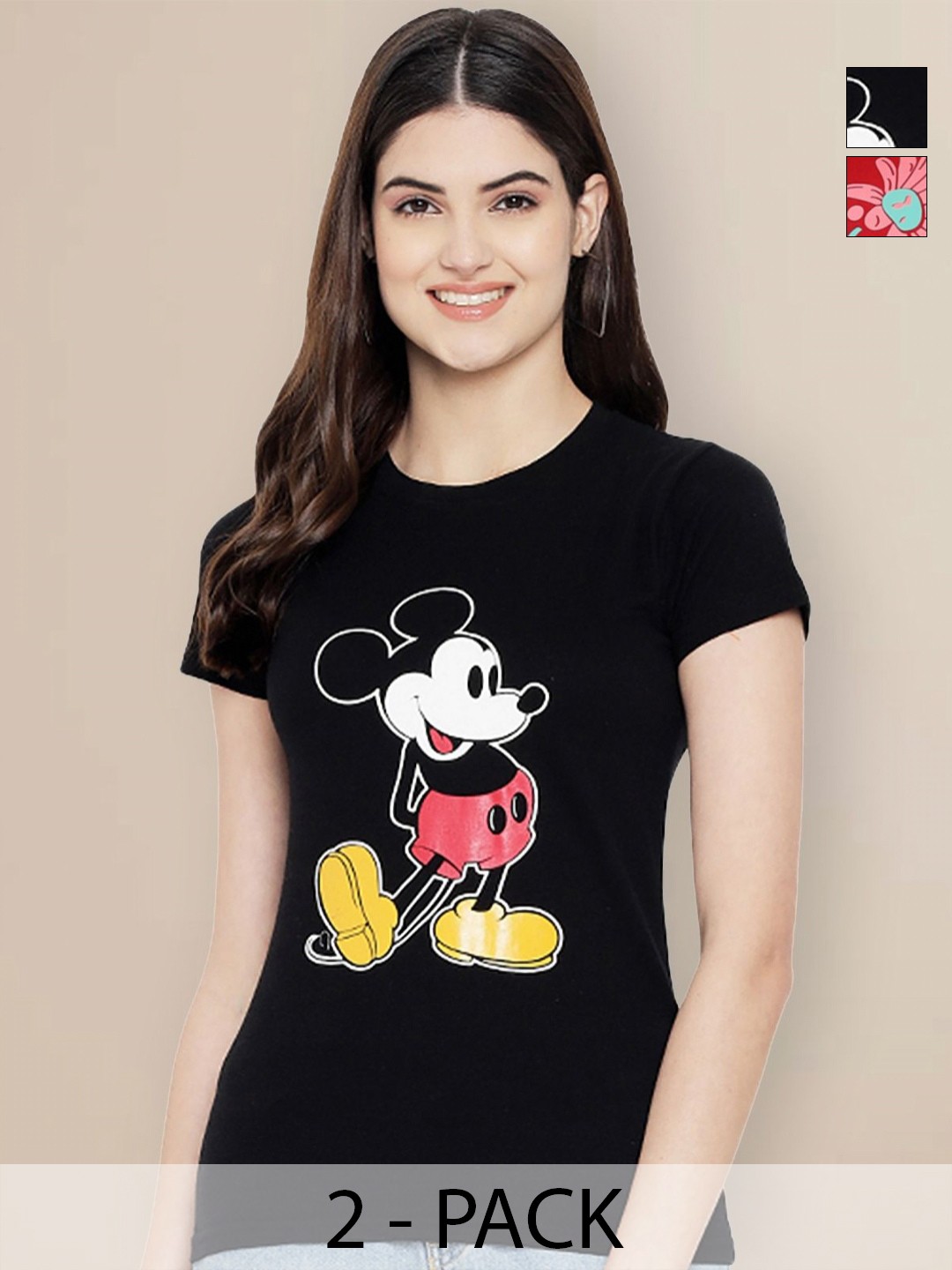 

GLOBAL NOMAD Women Pack of 2 Mickey Mouse Graphic Printed Round Neck Cotton T-shirts, Black