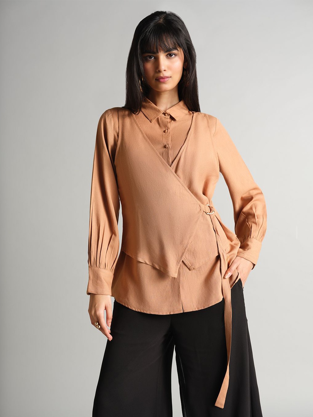 

ANDS Shirt Collar Cuffed Sleeves Wrap Top, Beige