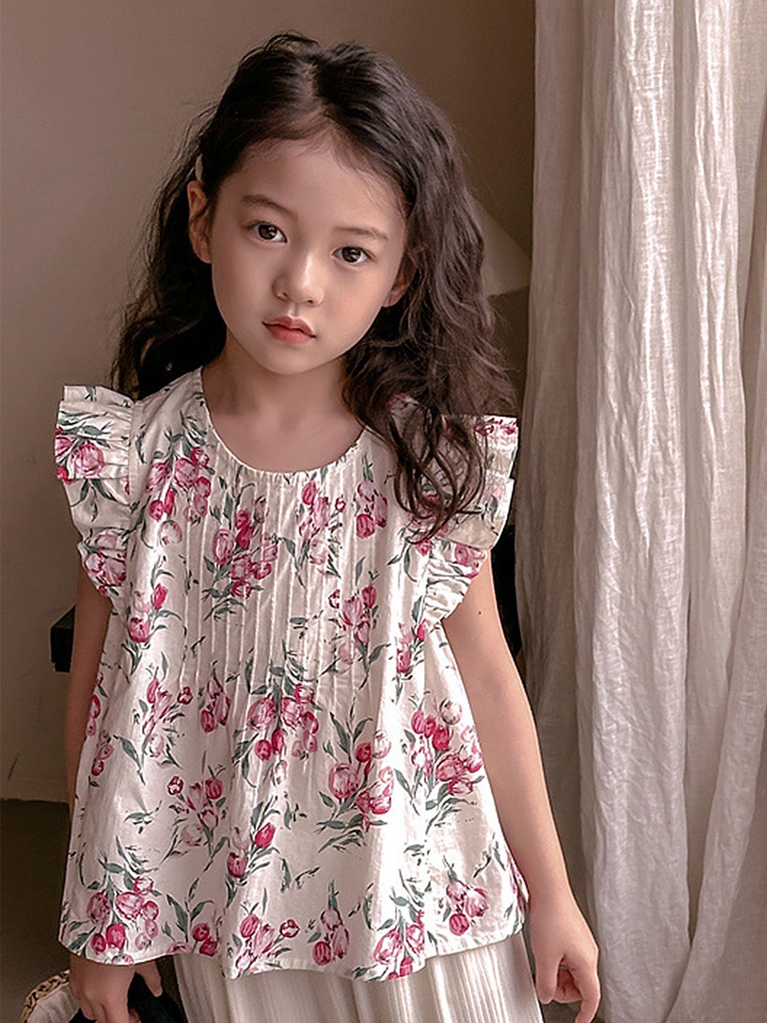 

LULU & SKY Girls Floral Printed Pure Cotton Top, Beige