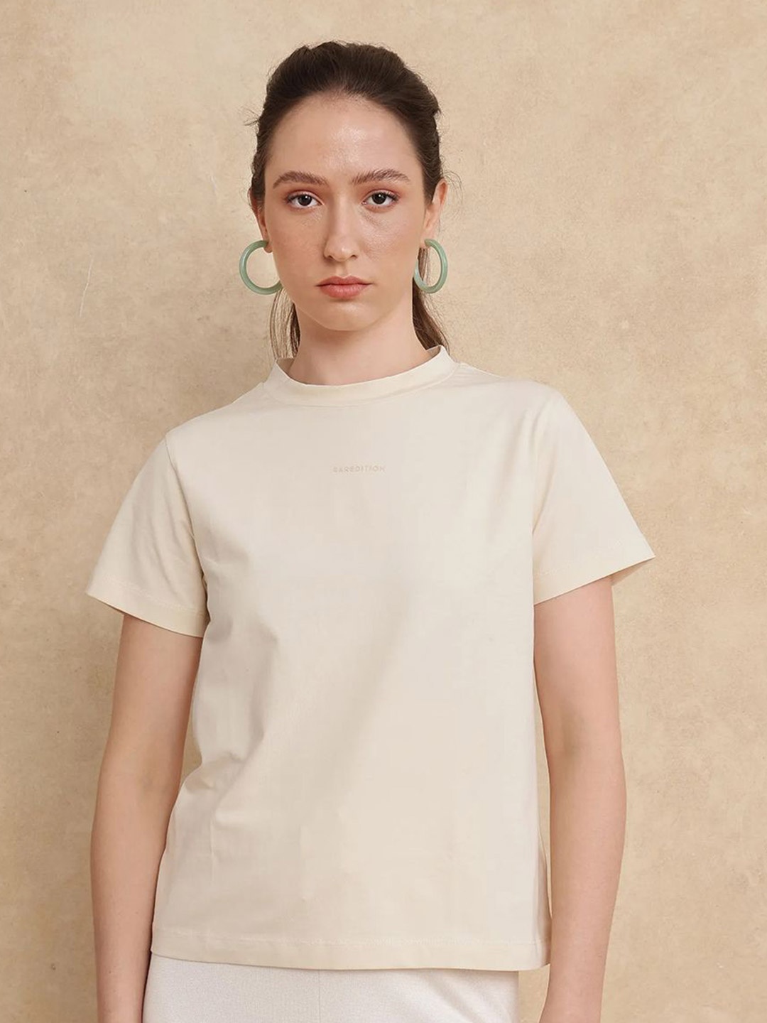 

RAREISM Women Solid Round Neck Cotton T-shirt, Cream