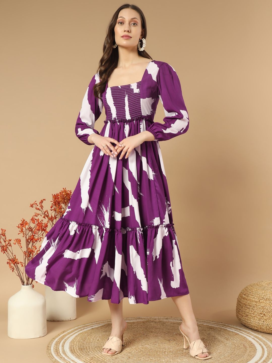 

OTABU Women Printed Fit -Flare Midi Dress, Purple