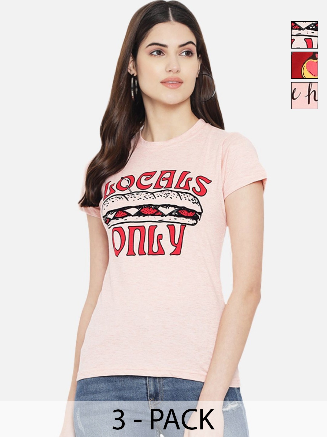 

Dreambe Women Pack of 3 Typography Printed Round Neck Cotton T-shirts, Peach