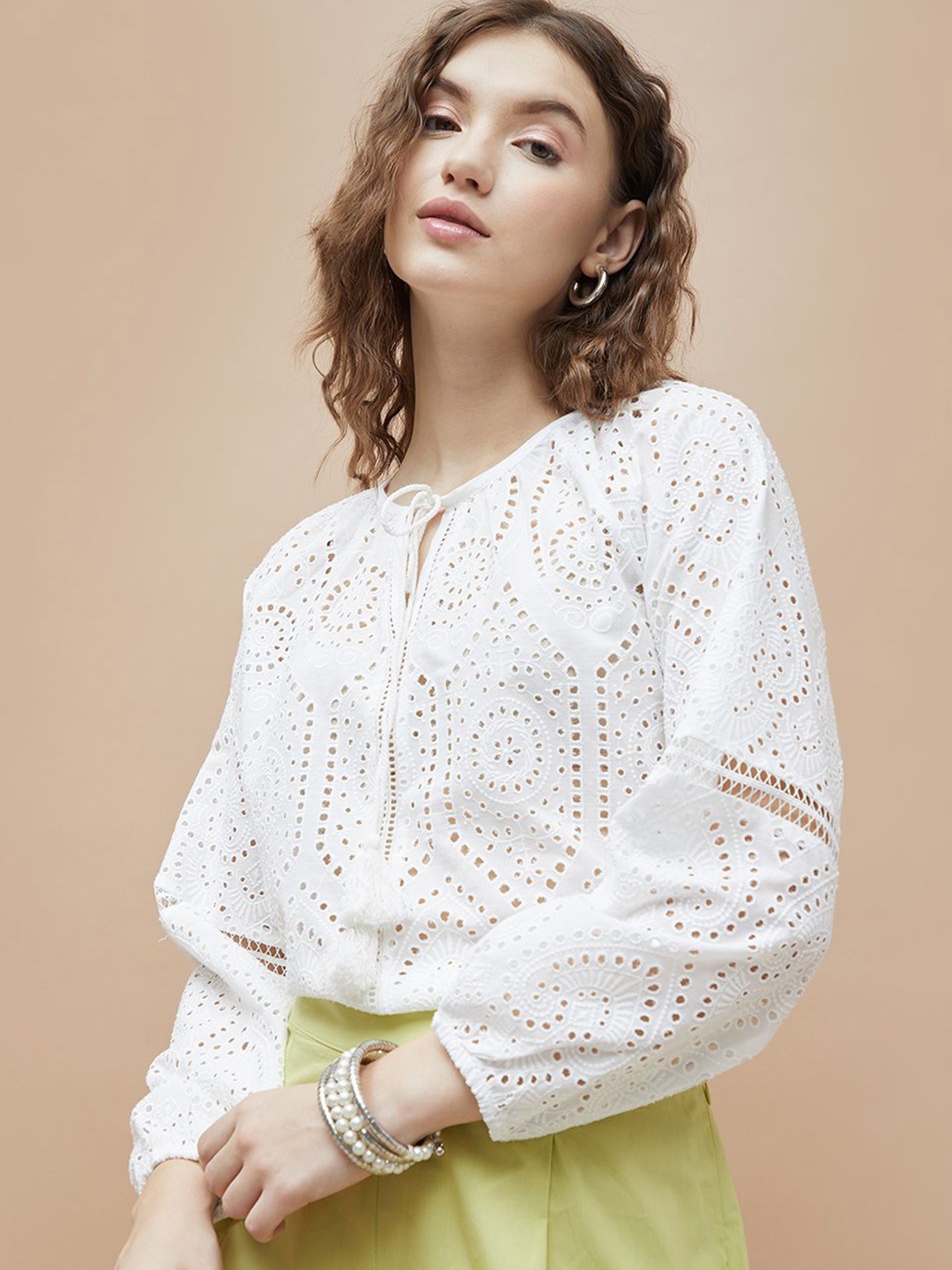 

Colour Me by Melange Women Self Design Schiffli Tie-Up Neck Cotton Top, White