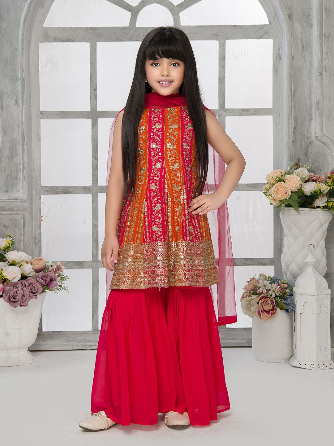 

Tiny Kingdom Girls Floral Embroidered A-Line Kurta With Sharara And Dupatta, Orange