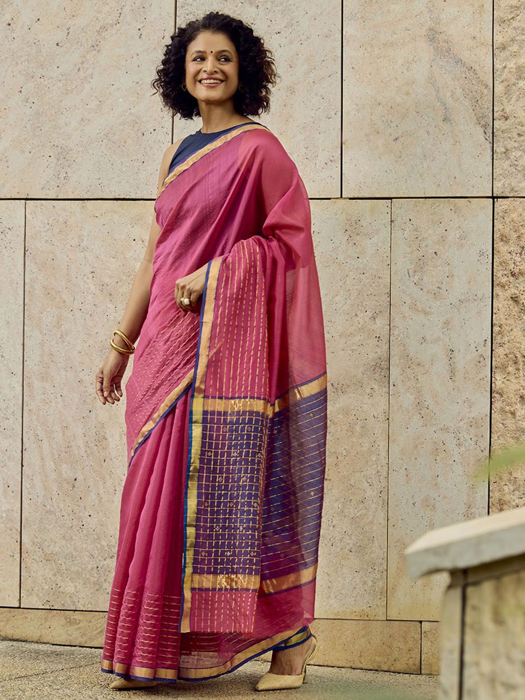 

Taneira Striped Zari Chanderi Saree, Pink