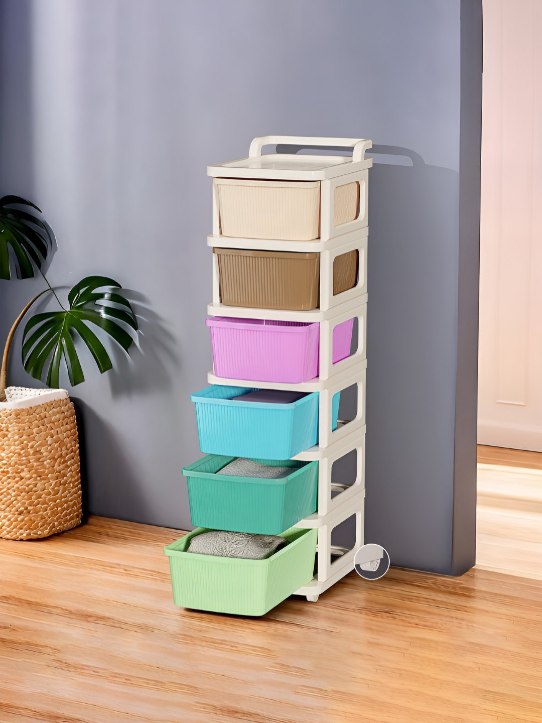 

Kuber Industries Cream-Colored Textured 6-Layer Storage Drawer Organizer With Wheels