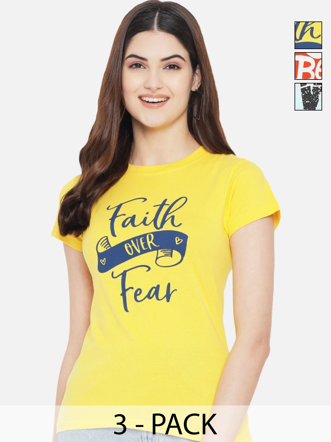 

Dreambe Women Pack of 3 Typography Printed Round Neck Cotton T-shirts, Yellow