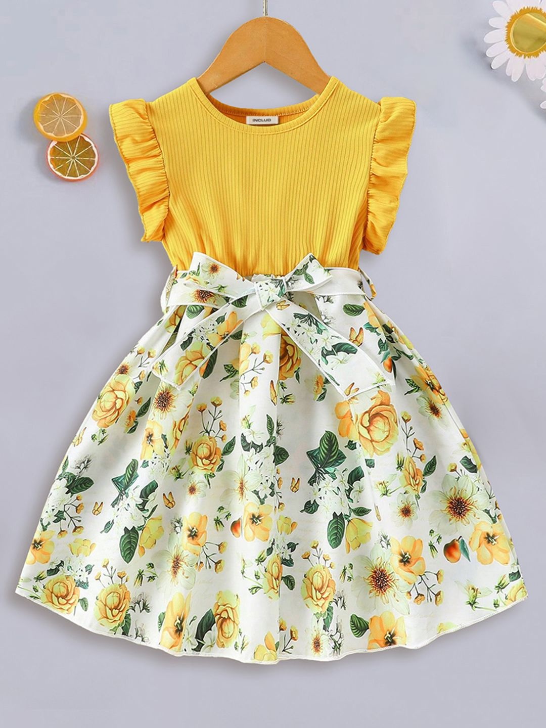

INCLUD Girls Floral Print Flutter Sleeve Fit & Flare Dress, Yellow