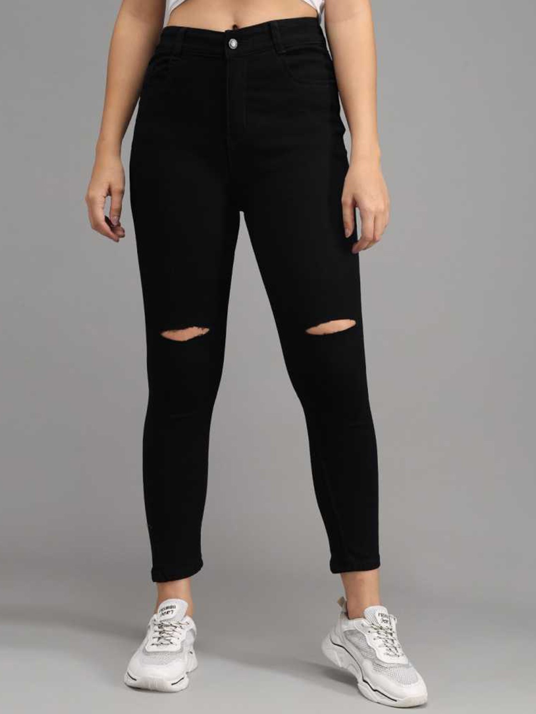 

M MODDY Women Jean Skinny Fit High-Rise Slash Knee Jeans, Black