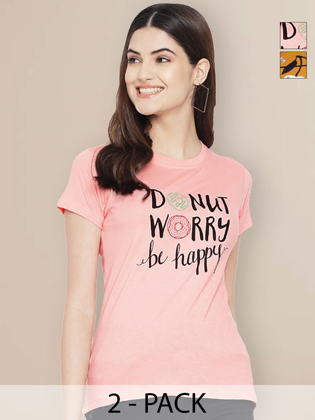 

GLOBAL NOMAD Women Pack of 2 Typography Printed Round Neck Cotton T-shirts, Peach