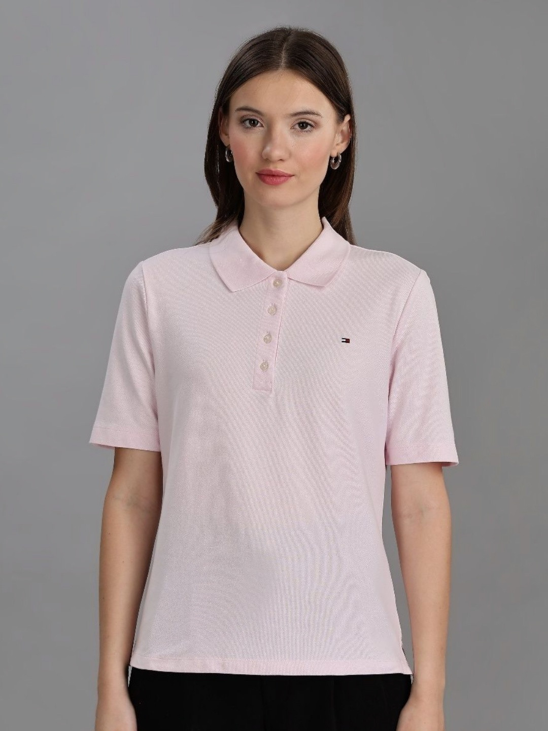 

Tommy Hilfiger Women Solid Polo Collar Cotton T-shirt, Pink