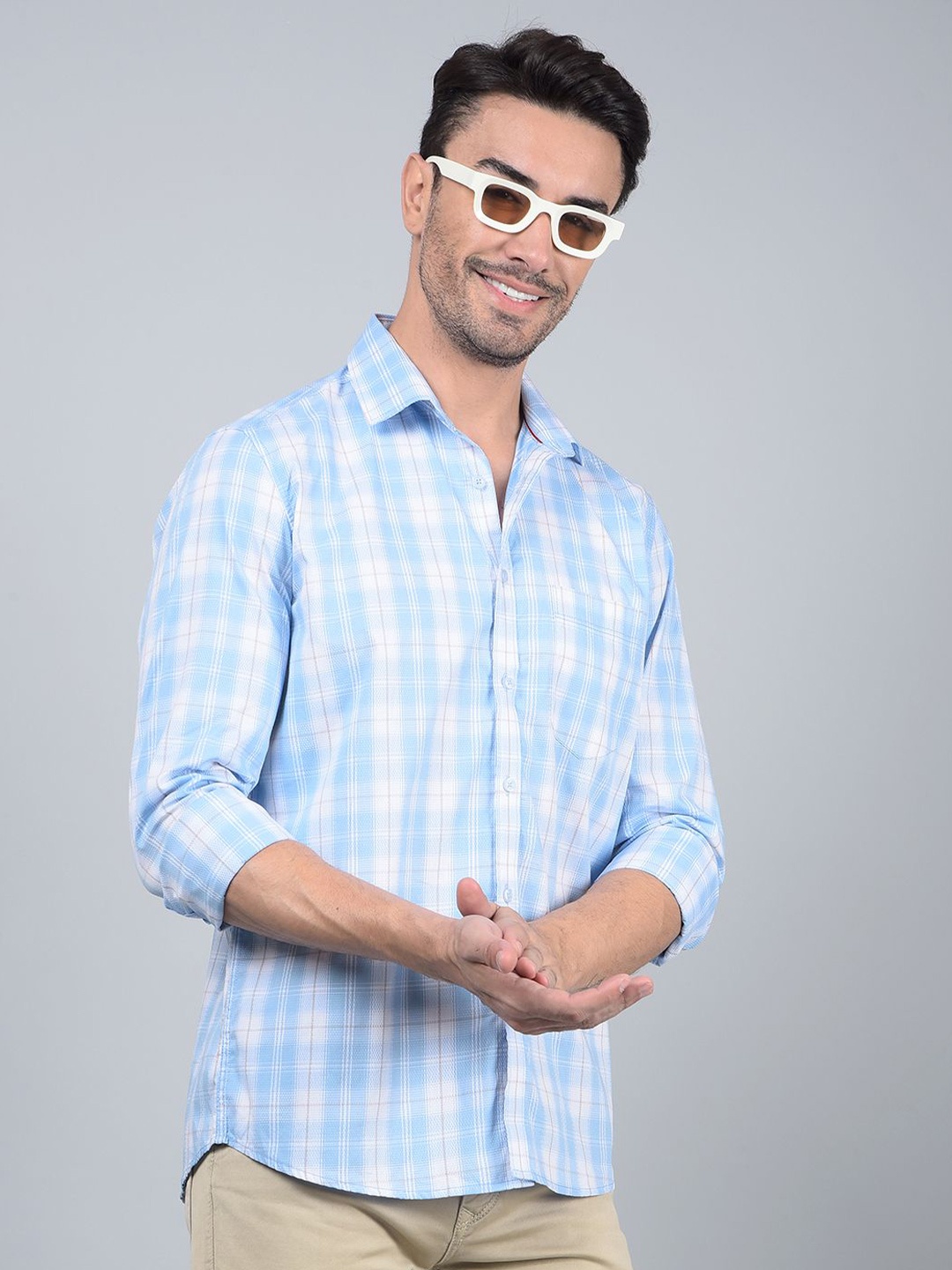 

Crimsoune Club Men Classic Fit Spread Collar Tartan Checked Cotton Casual Shirt, Blue