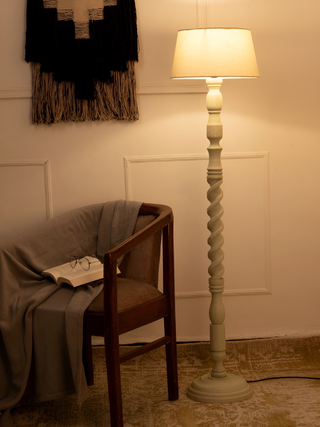 

green girgit Olive Green & Beige Wooden Frustum Shaped Floor Lamp
