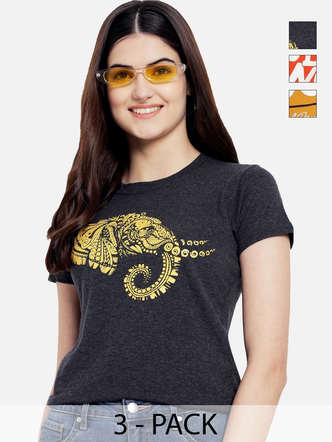 

Dreambe Pack Of 3 Typographic Printed Round Neck T-shirt, Black