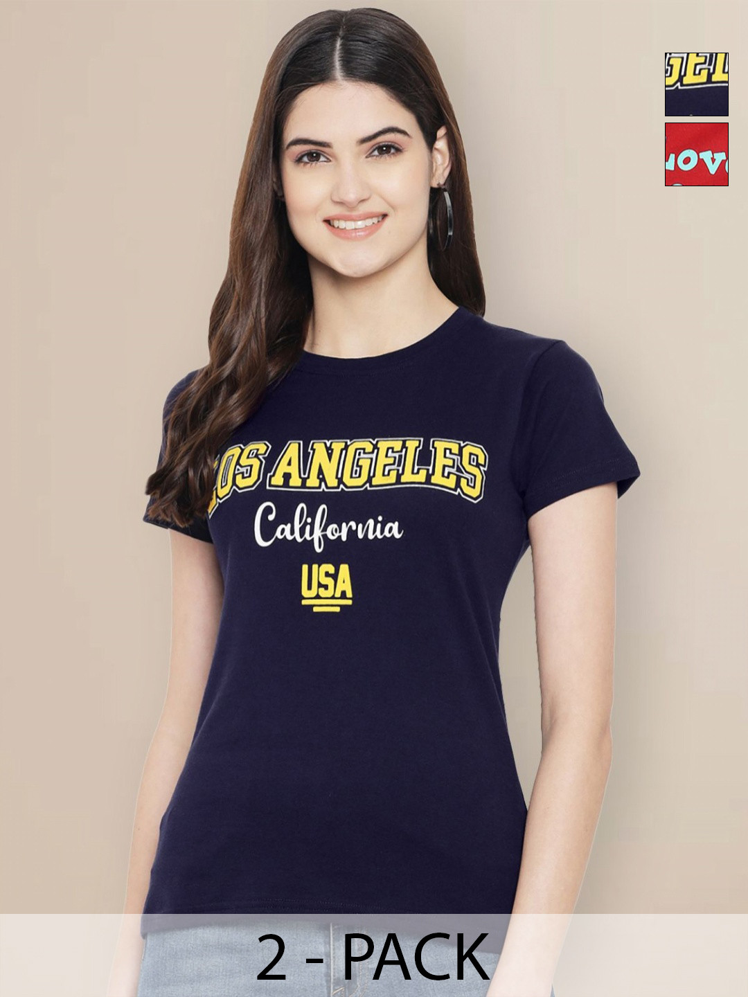 

GLOBAL NOMAD Women Pack of 2 Typography Printed Round Neck Cotton T-shirts, Navy blue