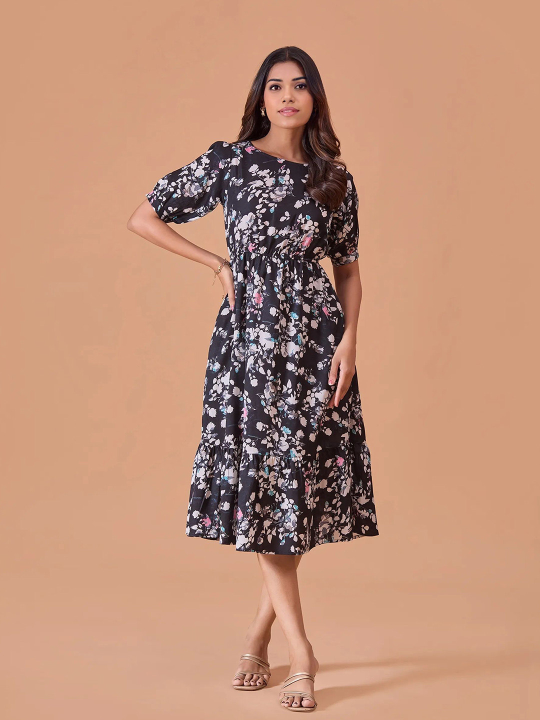 

all about you Floral Printed Puff Sleeve Cotton Fit & Flare Midi Dress, Black