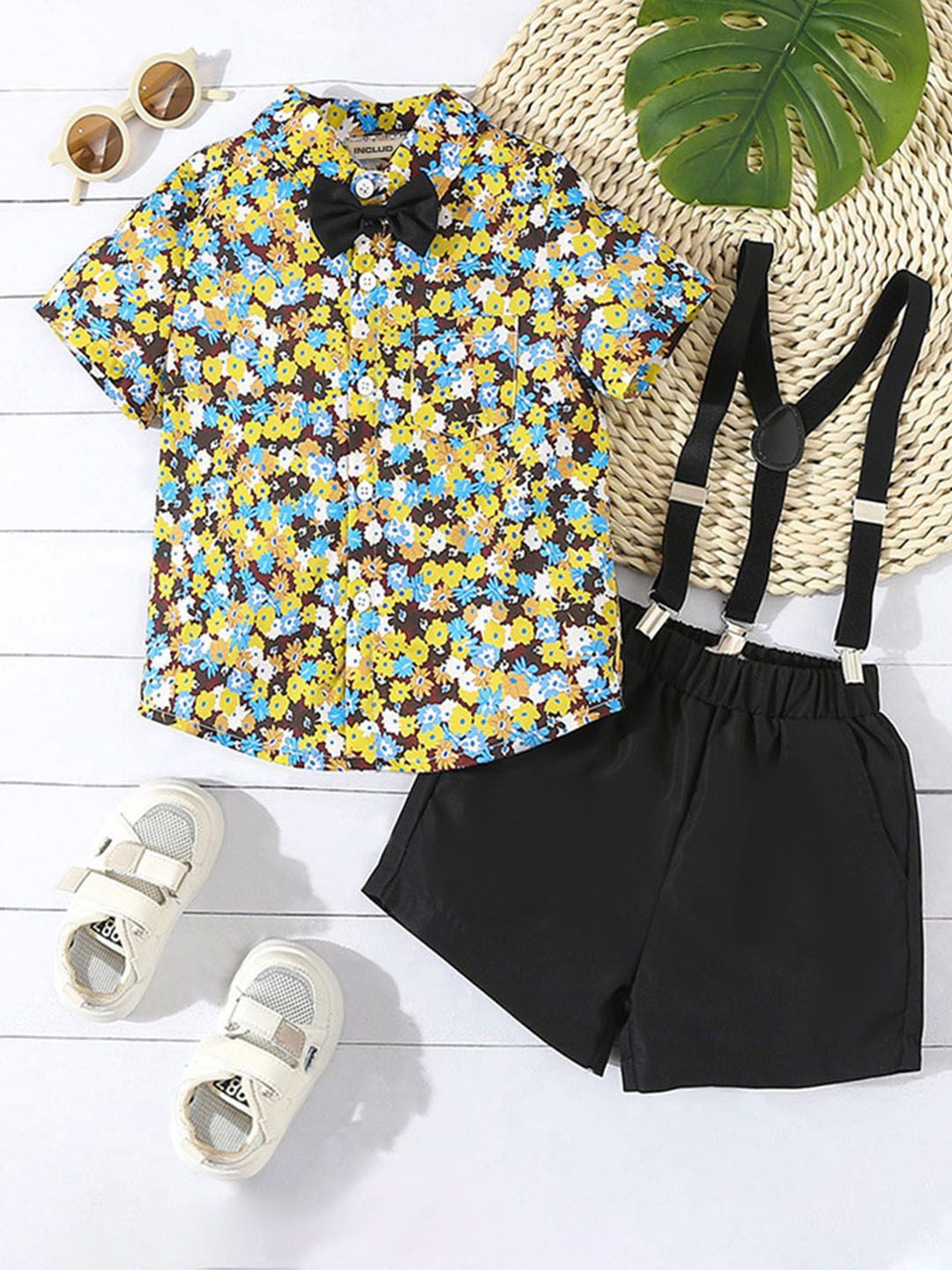 

INCLUD Boys Floral Printed Shorts And Shirt With Suspender, Yellow