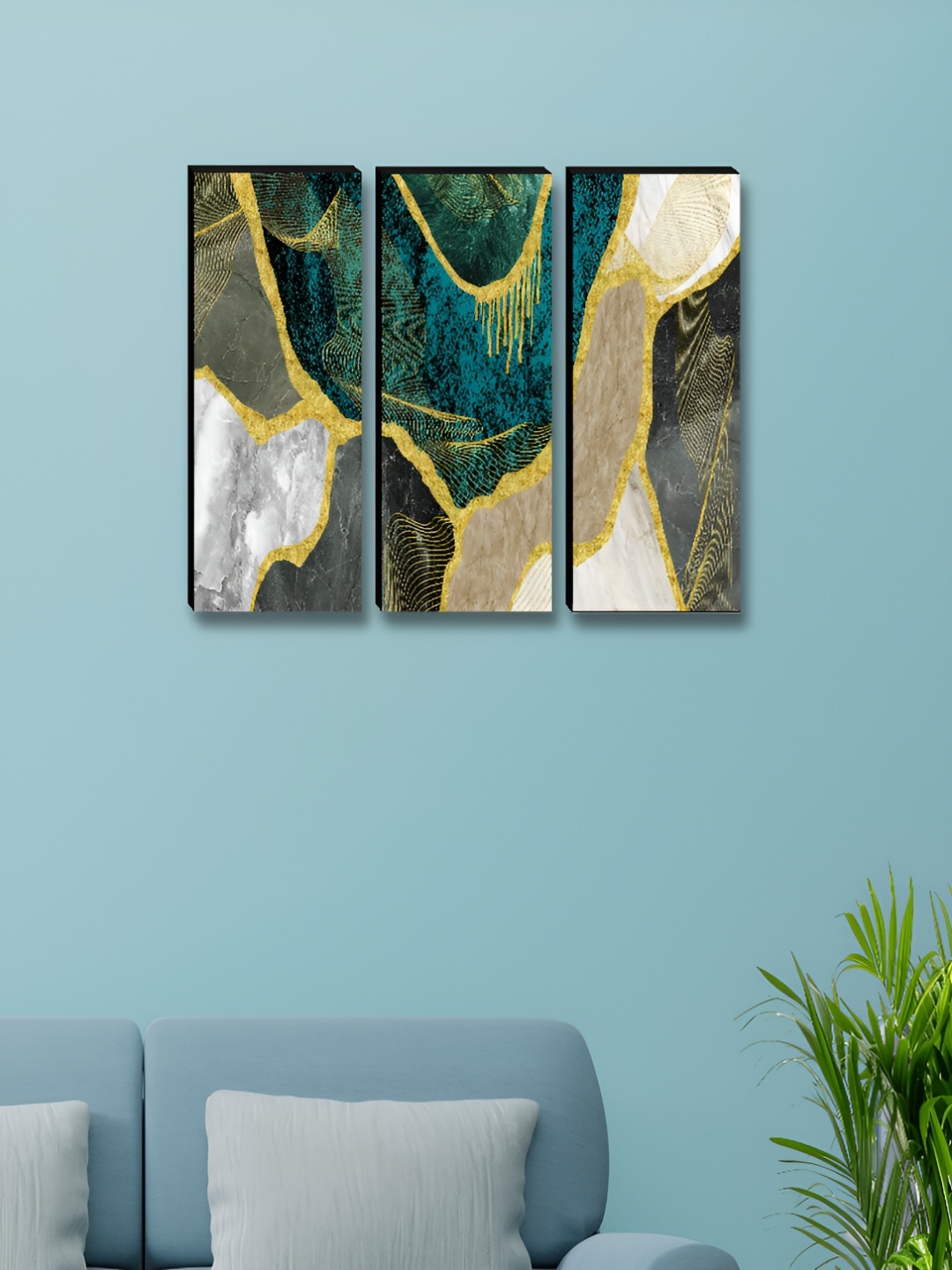 

Myntra Elegant Homes Blue & Gold-Toned 3 Pieces Abstract Printed Wooden Wall Paintings