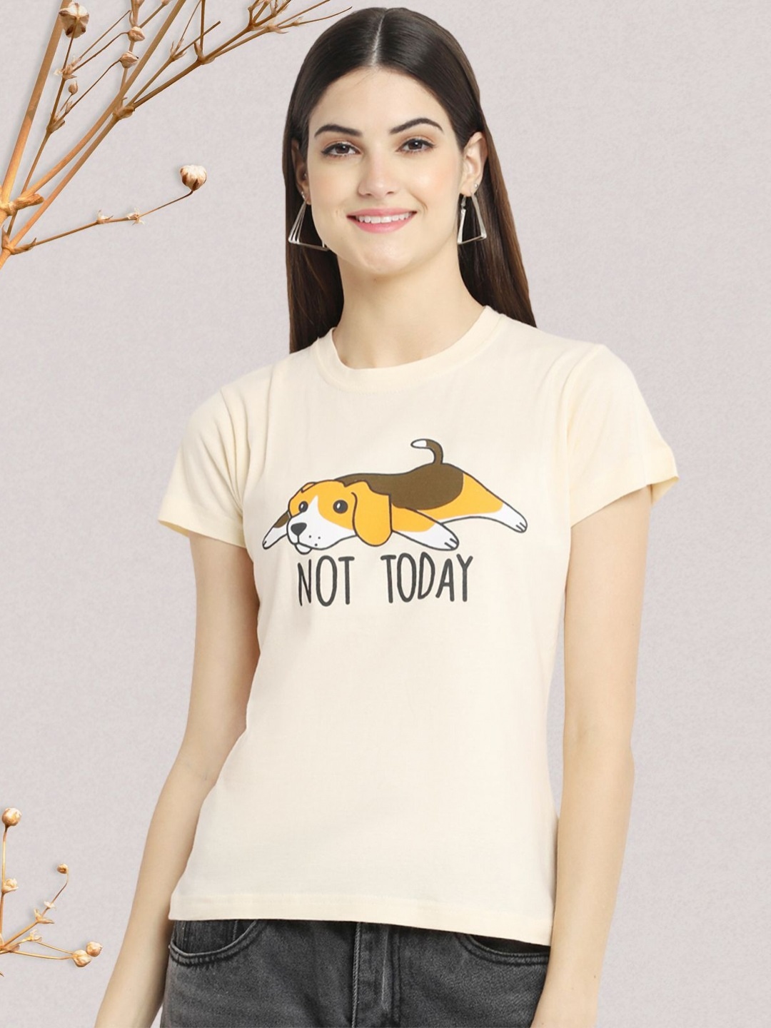 

Dreambe Women Graphic Printed Round Neck Cotton T-shirt, Cream