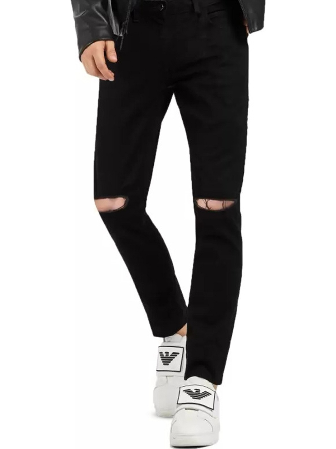

COMFITS Men Classic Slim Fit Slash Knee Mid-Rise Stretchable Jeans, Black