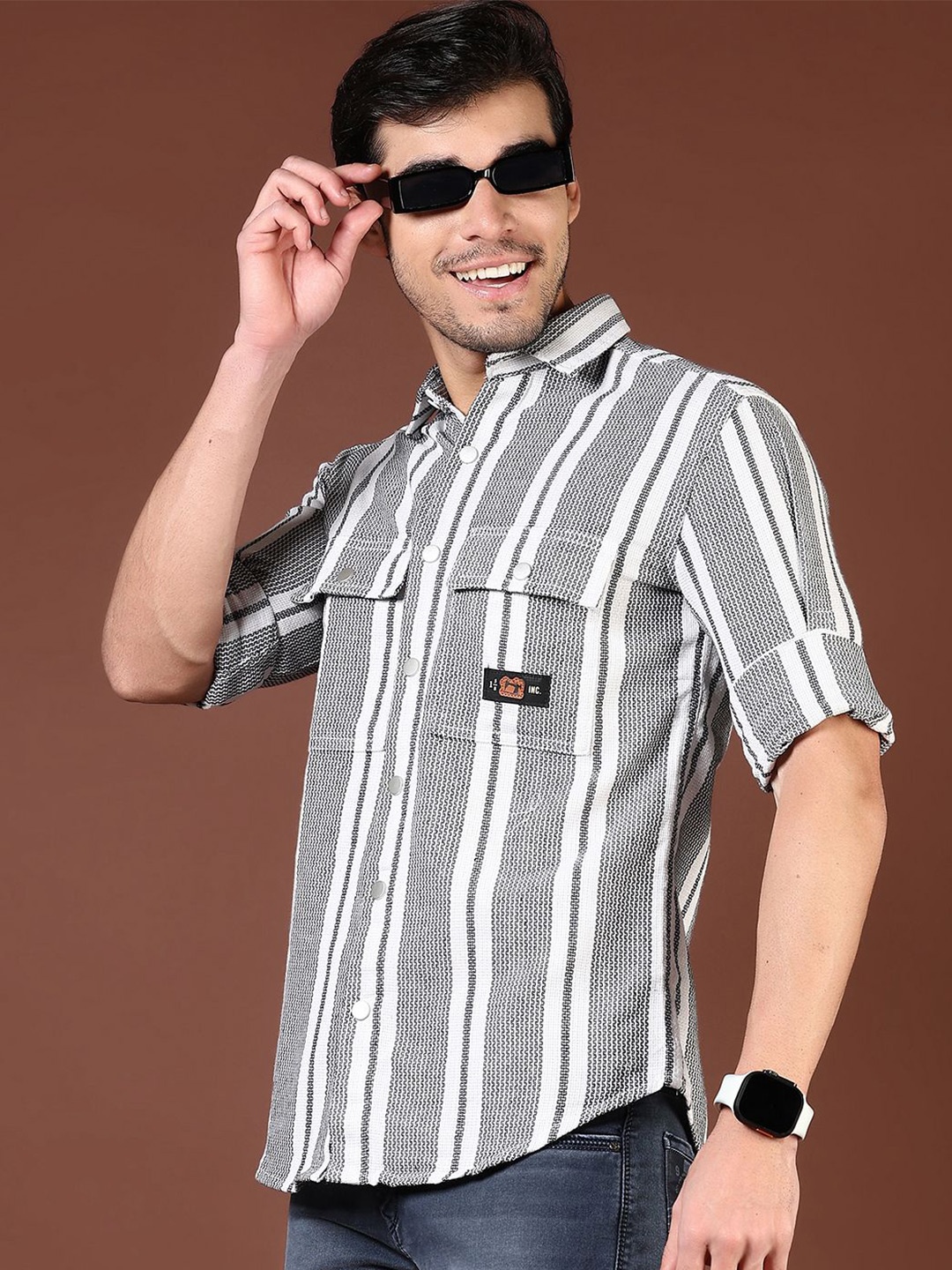 

V-Mart Men Spread Collar Vertical Striped Cotton Casual Shirt, Grey